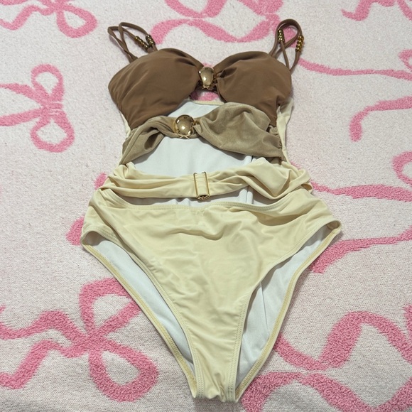 Chic Brown and Cream Women Swim One Piece - Picture 1 of 5